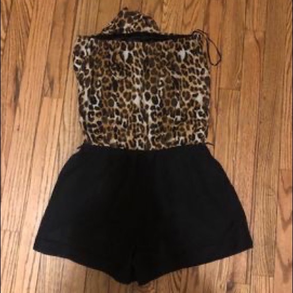 Express Leopard Print Strapless Romper with Front Ruffle - Picture 2 of 3